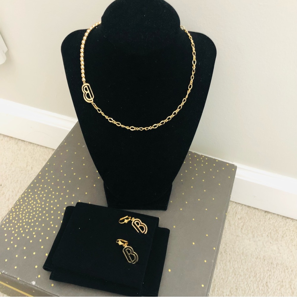 B initial gold tone necklace and earrings set